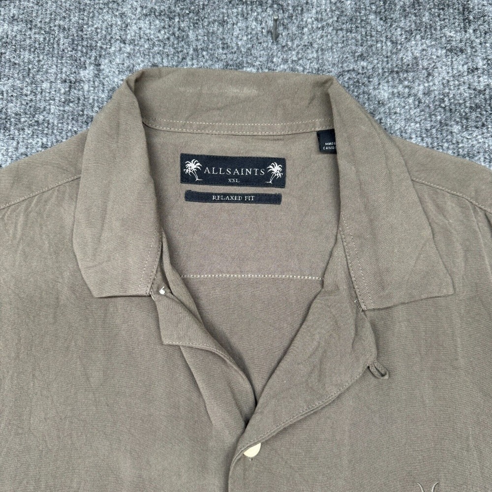 AllSaints Camp Men's 2XL Relaxed-Fit Short Sleeve Shirt Brown Solid Loop - Picture 2 of 12